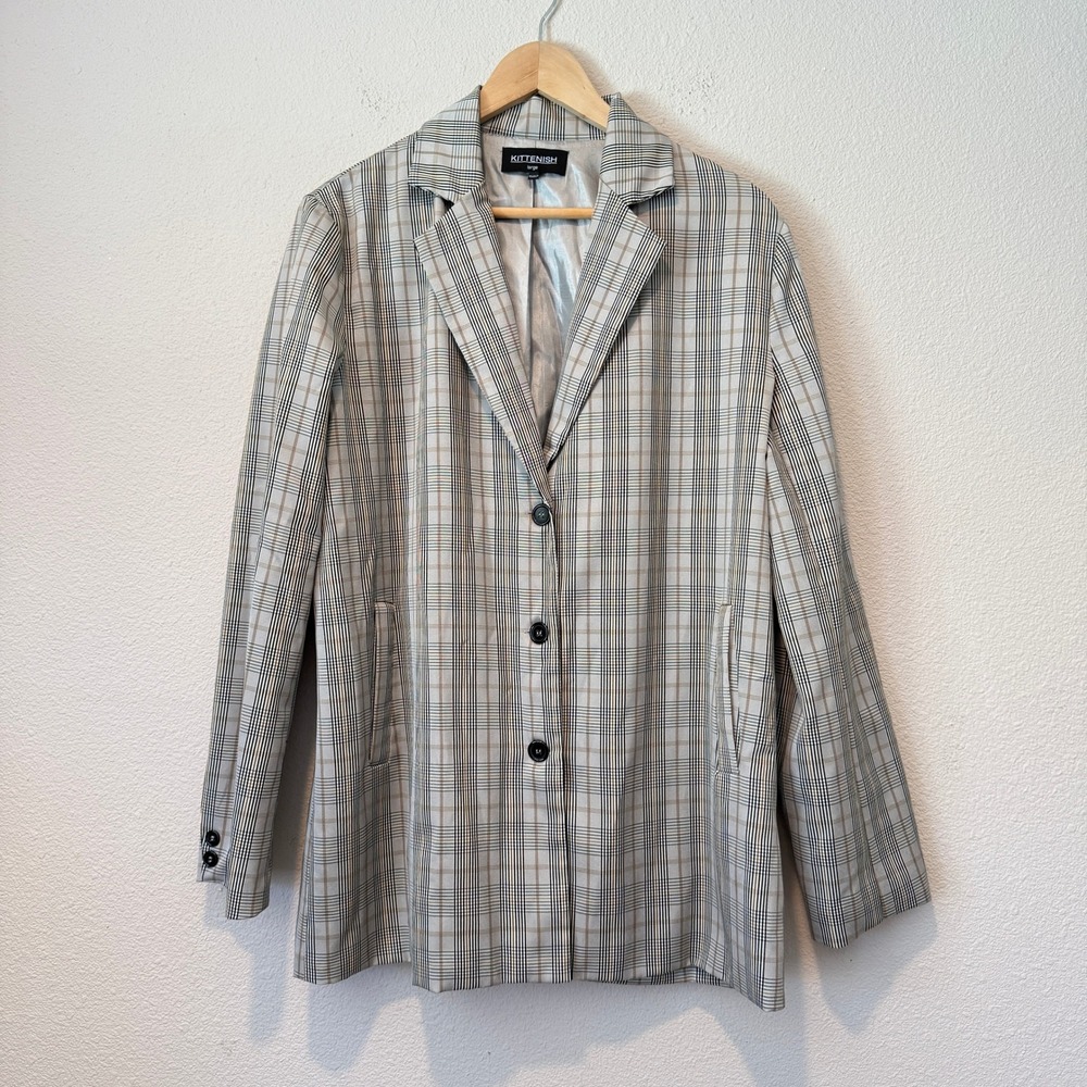 Kittenish Womens Grey Plaid 3-Button Blazer Jacket CJ0633K-1 Size Large